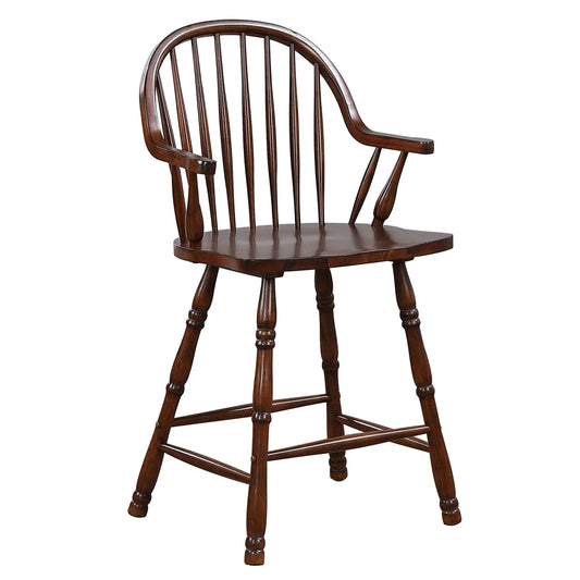 Sunset Trading Andrews 24" Windsor Barstool with Arms | Counter Height Stool | Distressed Chestnut Brown | Set of 2